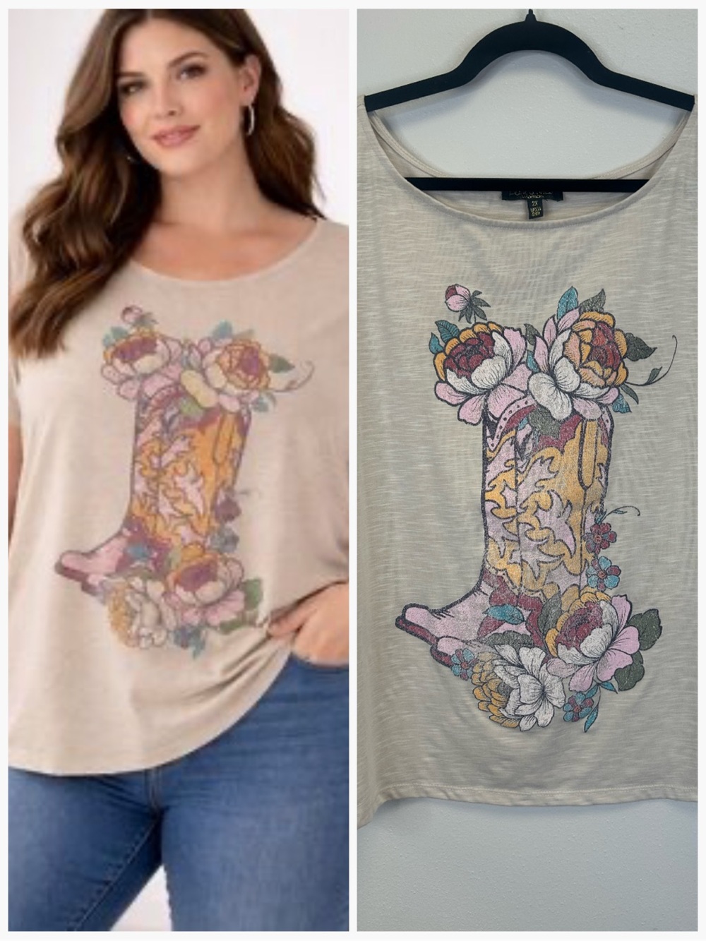 Western Rodeo Plus Size 2X Floral Cowboy Boot Graphic Tee Beige Cowgirl Boho